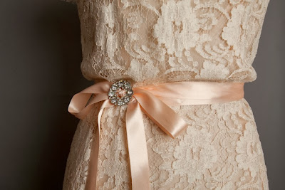 Real vintage lace wedding dress, Heavenly Vintage Brides, detail of pastel colour and satin ribbon tie