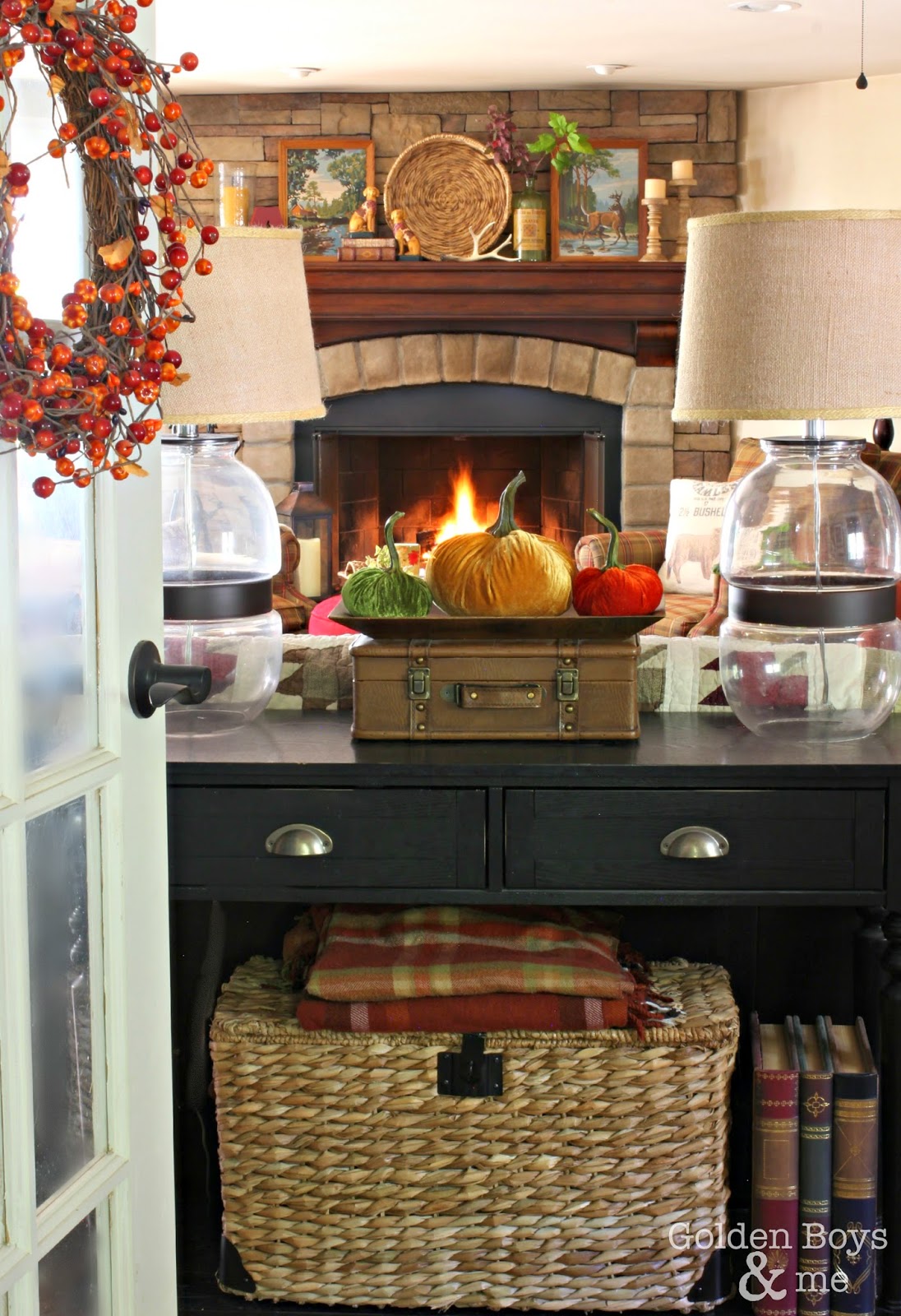 Fall decor in family room with stone fireplace-www.goldenboysandme.com