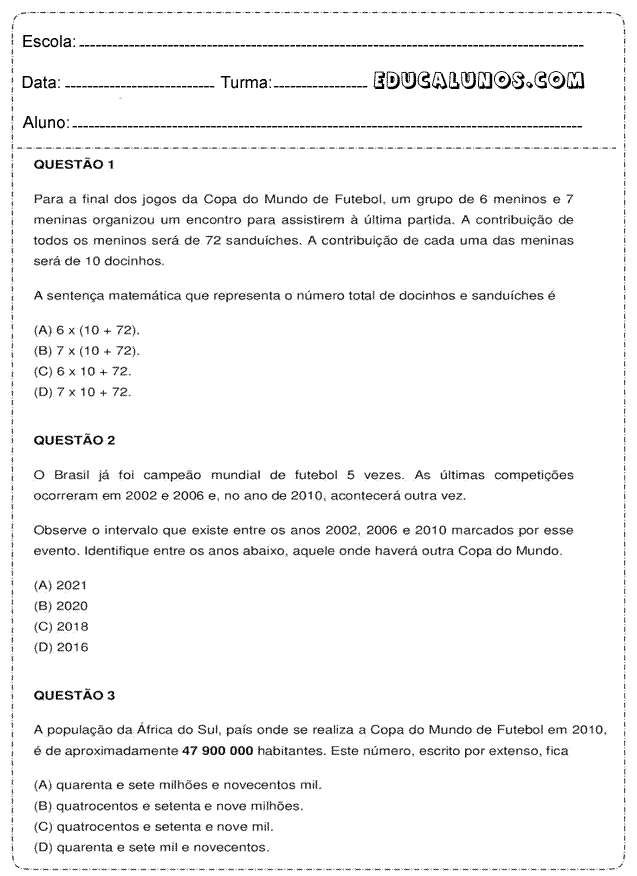 Atividades sobre sentença matemática