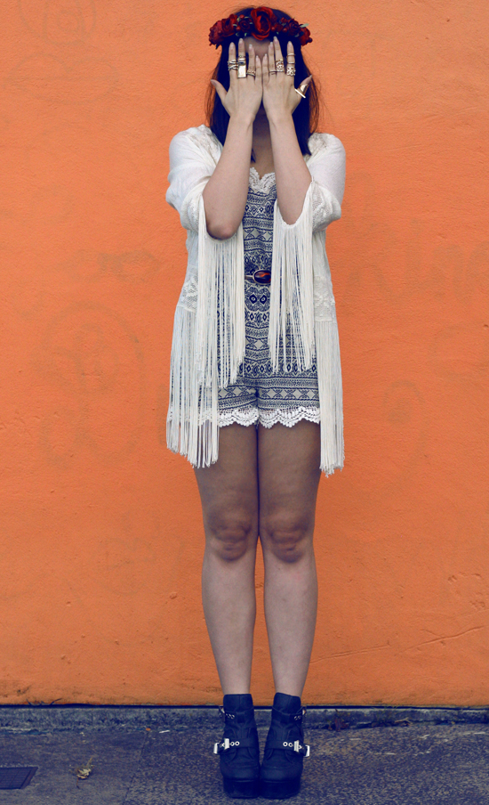 hippy, hippie, tassel, tassel kimono, kimono, aztec, aztec playsuit, art clothing, hearts and bows, lace, red rose, rose crown, rose headband , floral headband, festival headwear, gold rings, jeffrey campbell, platform boots, buckle platform boots
