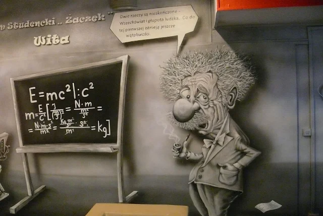 Karykatura Alberta Einsteina wykonana na ścianie Mural Znajduje się na Politechnice Warszawskiej