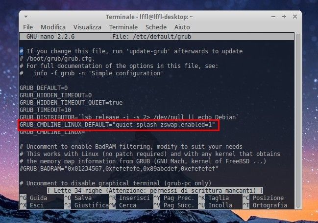 Xubuntu - Attivare ZSwap da Grub