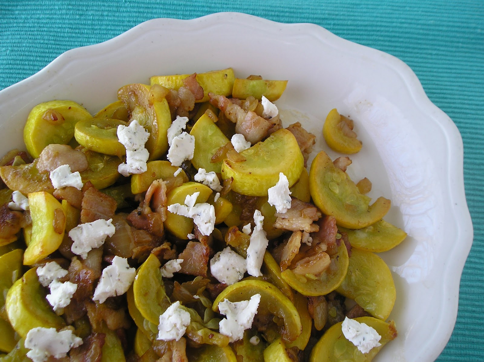Secret Recipe Club Summer Squash with Bacon and Goat Cheese Edesia's