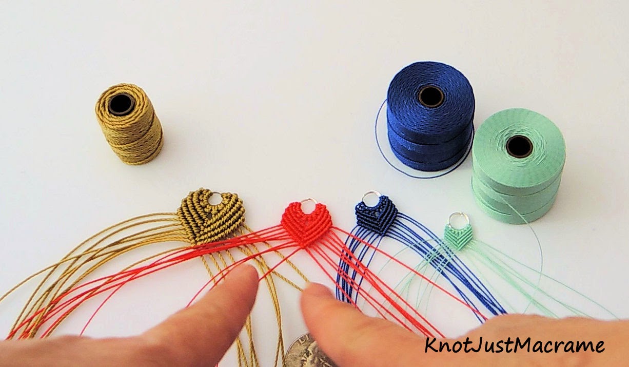 Comparing bead cord sizes for micro macrame.
