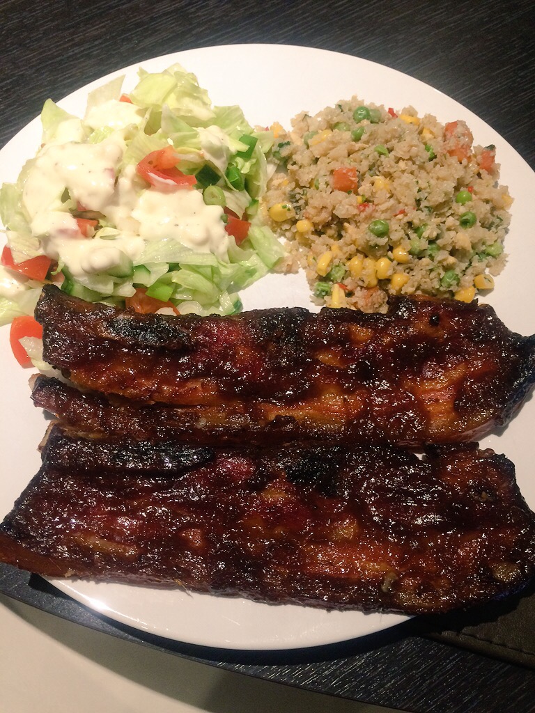 Criggy Bites BBQ Pork Belly Rib Slices with Cauliflower Rice