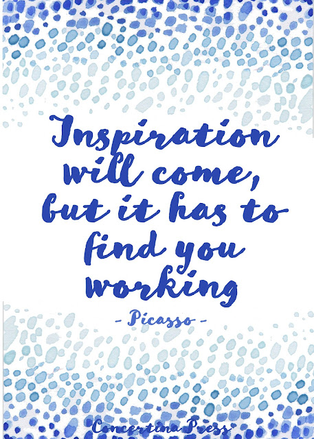 a quote to print when you are feeling uncreative - Inspiration will come, but it has to find you working - Printable Pablo Picasso Quote