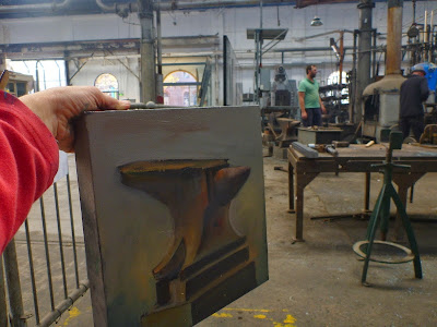 Plein air oil painting of an anvil in blacksmith's workshop, Eveleigh Railway Workshops painted during ATP Open Day by industrial heritage artist Jane Bennett