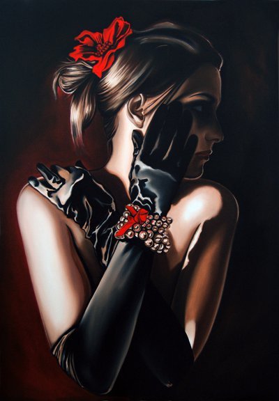 Drew Darcy 1976 | Moda pintor figurativo británico | Lady in Red