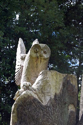 Front View of the Owl at the Top of the Wood Sculpture owl carving