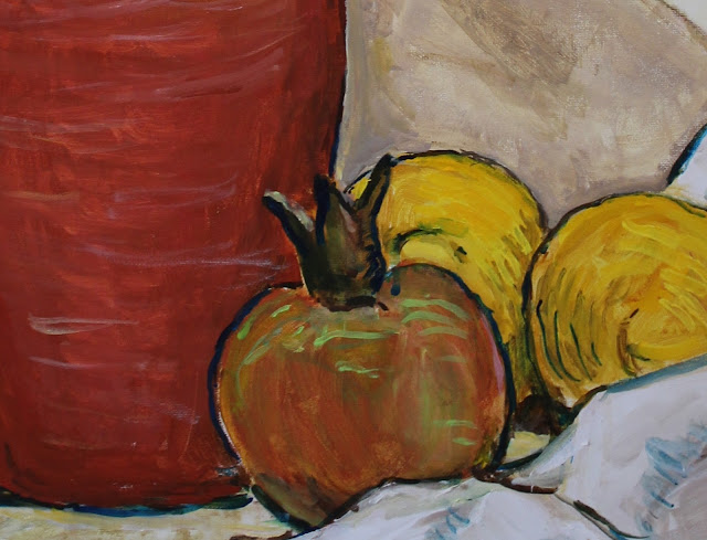 Detail, Still-Life with Red Pitcher, pomegranate and lemons art, painting, still-life, natura morte, sarah, myers, arte, pintura, pitcher, red, fruit, lemons, pomegranate, ceramic, amy, myers, modern, contemporary, large, kunst, acrylic, canvas, yellow, table, interior, detail, closeup, food