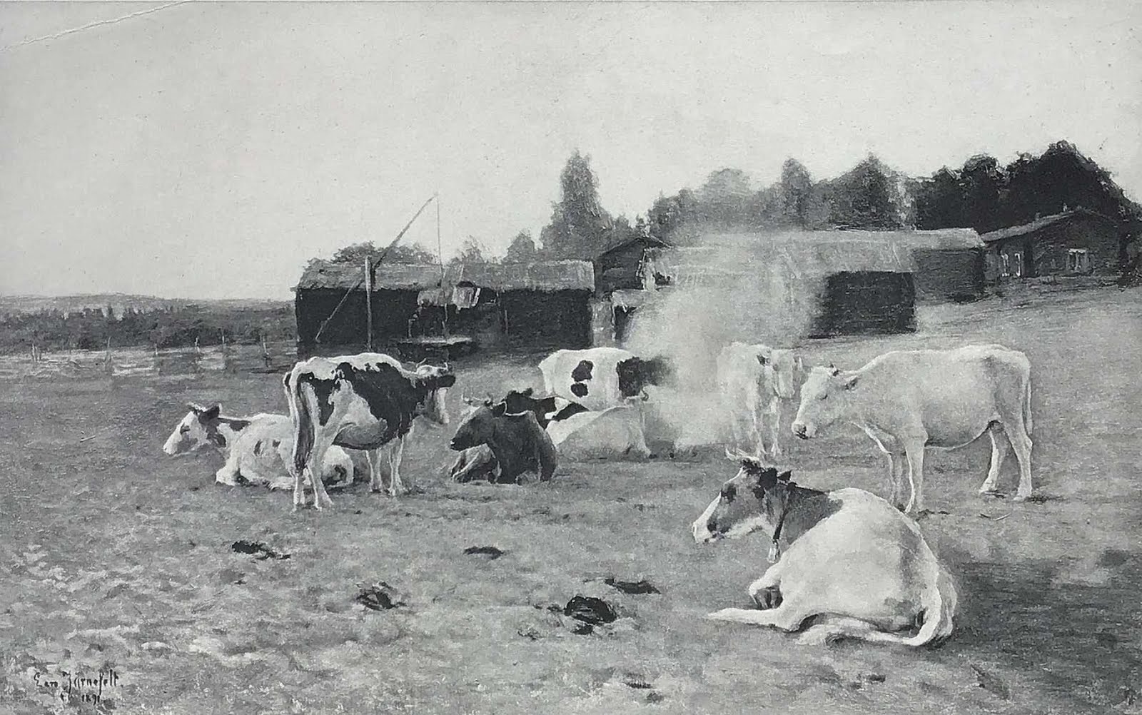 Replica of a painting by Eero Järnefelt (1891) of cattle next to burning turf