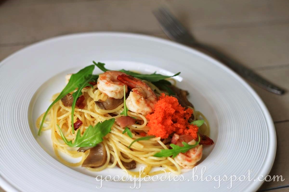 GoodyFoodies Recipe Spaghetti with King Prawns, Ebikko and Rocket