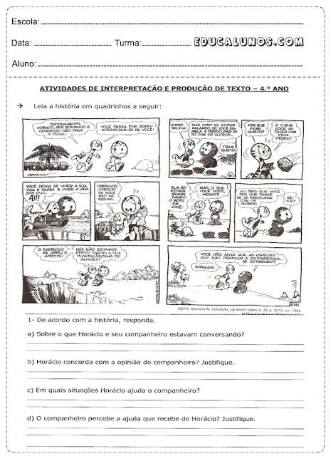 Atividades de interpretação e produção de texto para o 4° ano