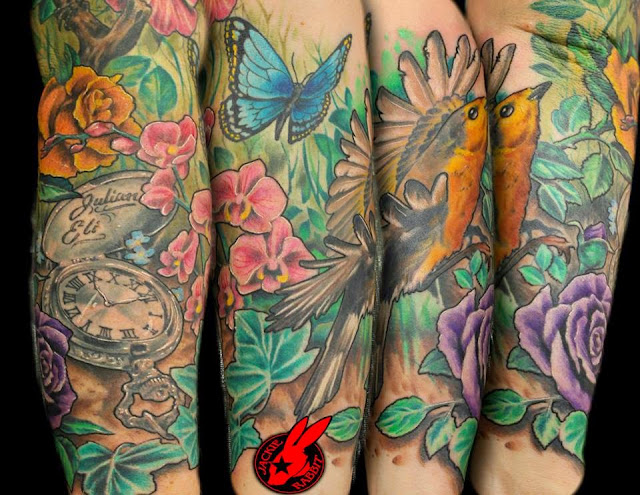 Pocket Watch Flower Garden Bird Tattoo by Jack Rabbit Tatuagem Feminina Pocket Watch Flower Garden Bird Tattoo by Jack Rabbit Tatuagem Feminina