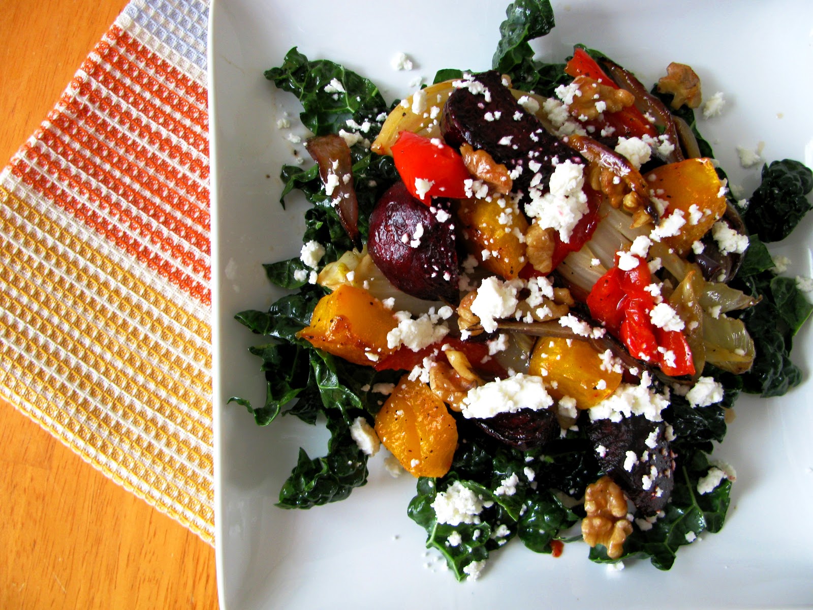Chena Girl Cooks roasted vegetable & kale salad with honey vinaigrette