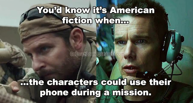 I'm pretty sure that's punishable by military law. By the way, the guy on the left is Bradley Cooper in 'American Sniper' (2014). American Sniper Good Kill phone during war duty meme