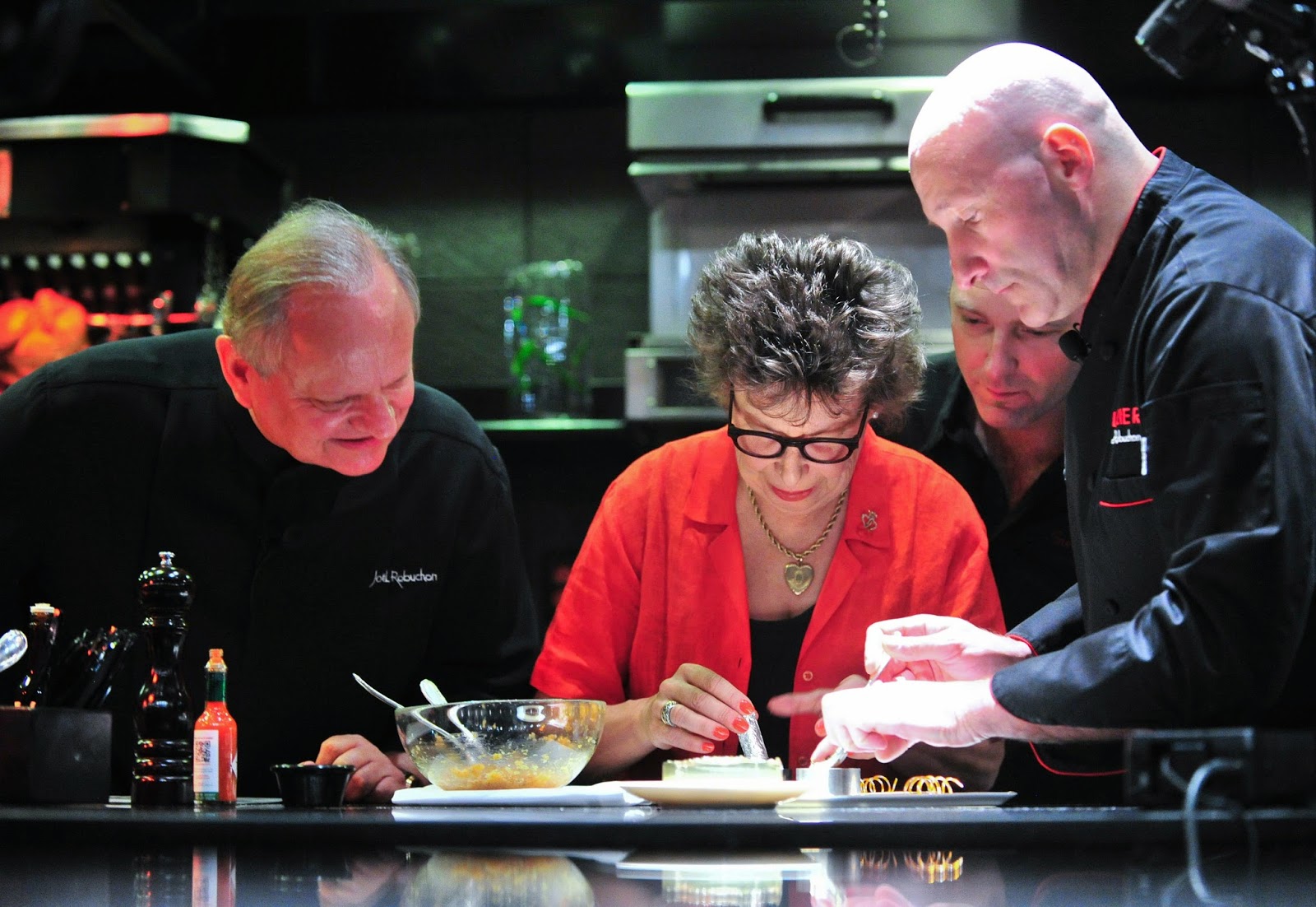 Chef Joel Robuchon, Award-winning food stylist Alice Hart, Chef Steve Benjamin, Chef Eric Bouchenoire 2014 Vegas UnCork'd Joel Robucvhon Cooking demo L'Atelier de Joel Robuchon