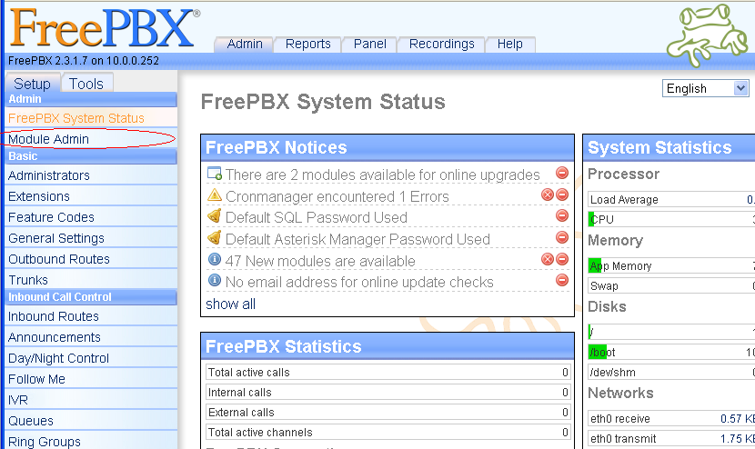 Giao diện cấu hình tổng đài freePBX