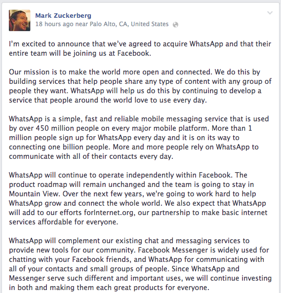 Mark Zuckerberg Spends $19 Billion for WhatsApp Messaging facebook post Mark Zuckerberg Spends $19 Billion for WhatsApp Messaging facebook post