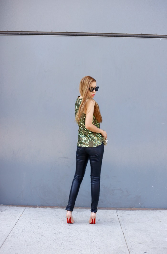 Shall We Sasa Sequin Tank J.Crew iridescent sequin tank, nastygal sunglasses, prada retro sunglasses, baublebar statement necklace, blank denim moto pants, christian louboutin so kate heels, hat attack foldover clutch, hat attack new york, hermes bracelet, daniel wellington watches, fashion blog, street style, new york fashion blog