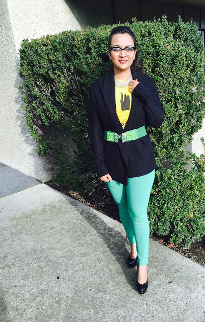 casual look with cardigan, black cardigan, black pumps with green leggings and black cardigan and statement necklace, ananya tales 