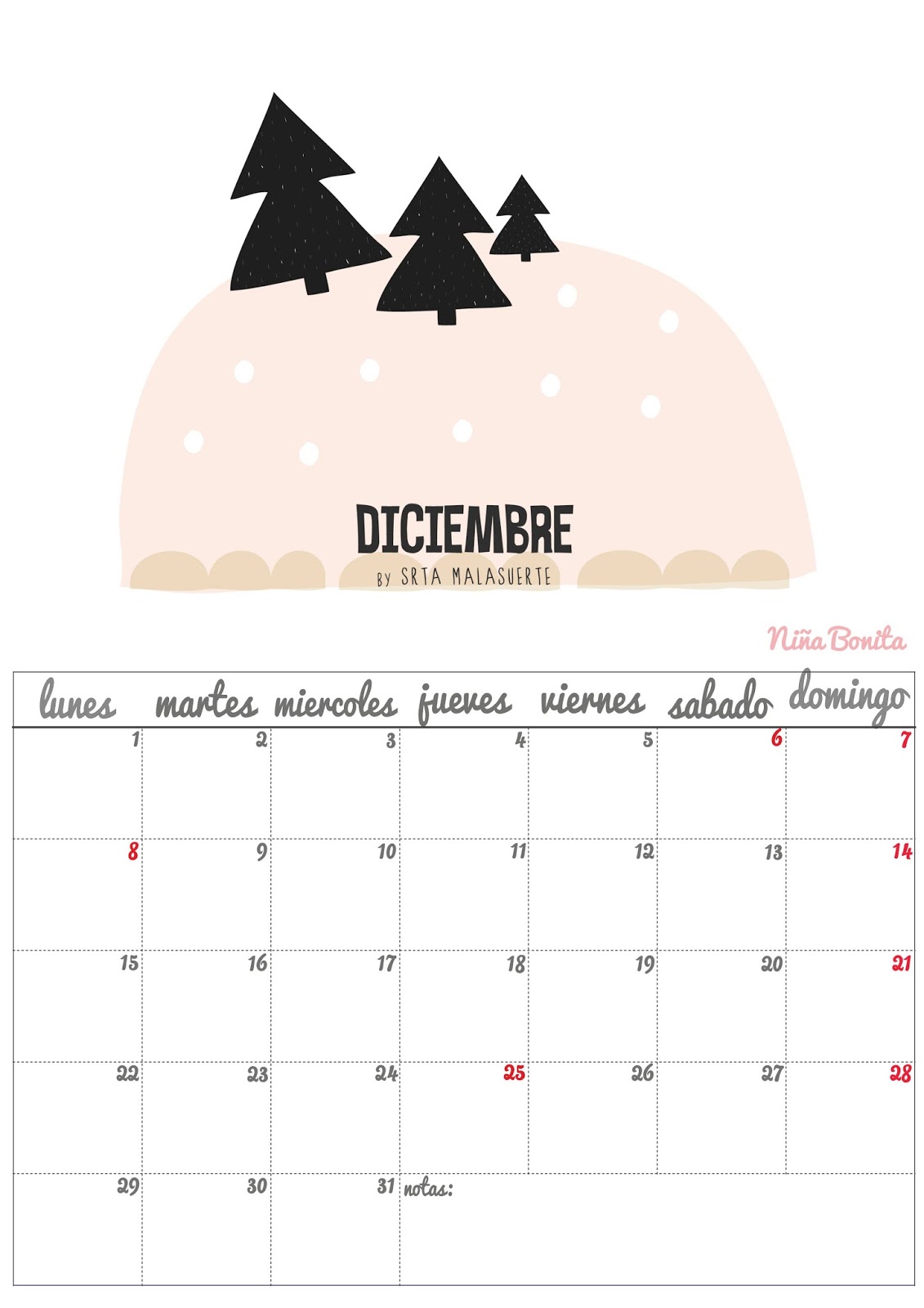 Imprimible: Calendario Diciembre 2014 - Niña Bonita