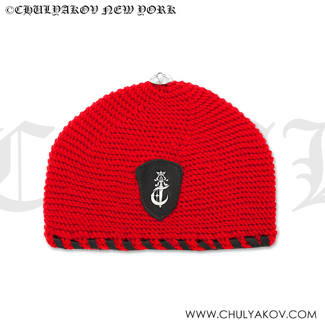Red Beanie Hat with Silver Logo by ©Chulyakov New York