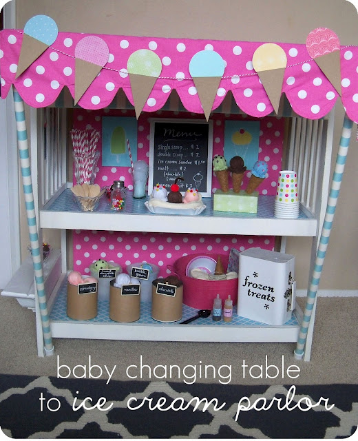 A baby changing table is transformed into an ice cream parlor. It features a pink polka-dot canopy with ice cream cone decorations, a menu board, various ice cream toppings, and labeled jars on shelves. Baby changing table to ice cream parlor is written in text.