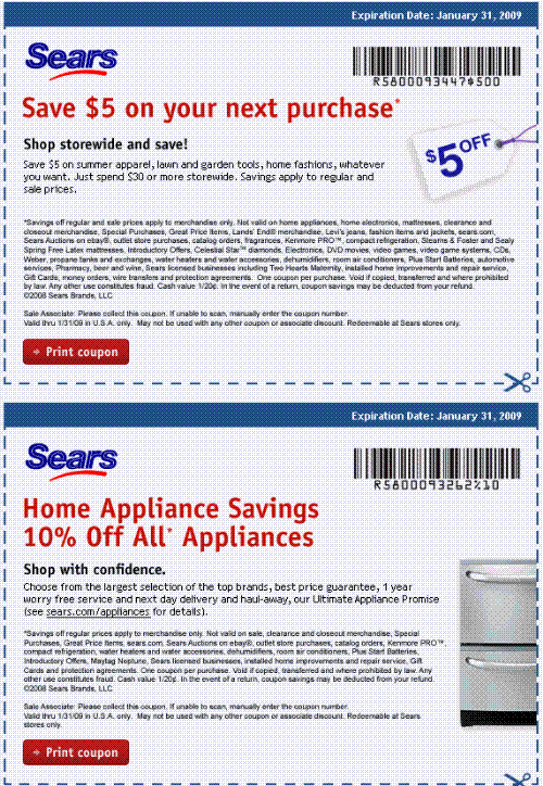 Printable discount coupons for sears
