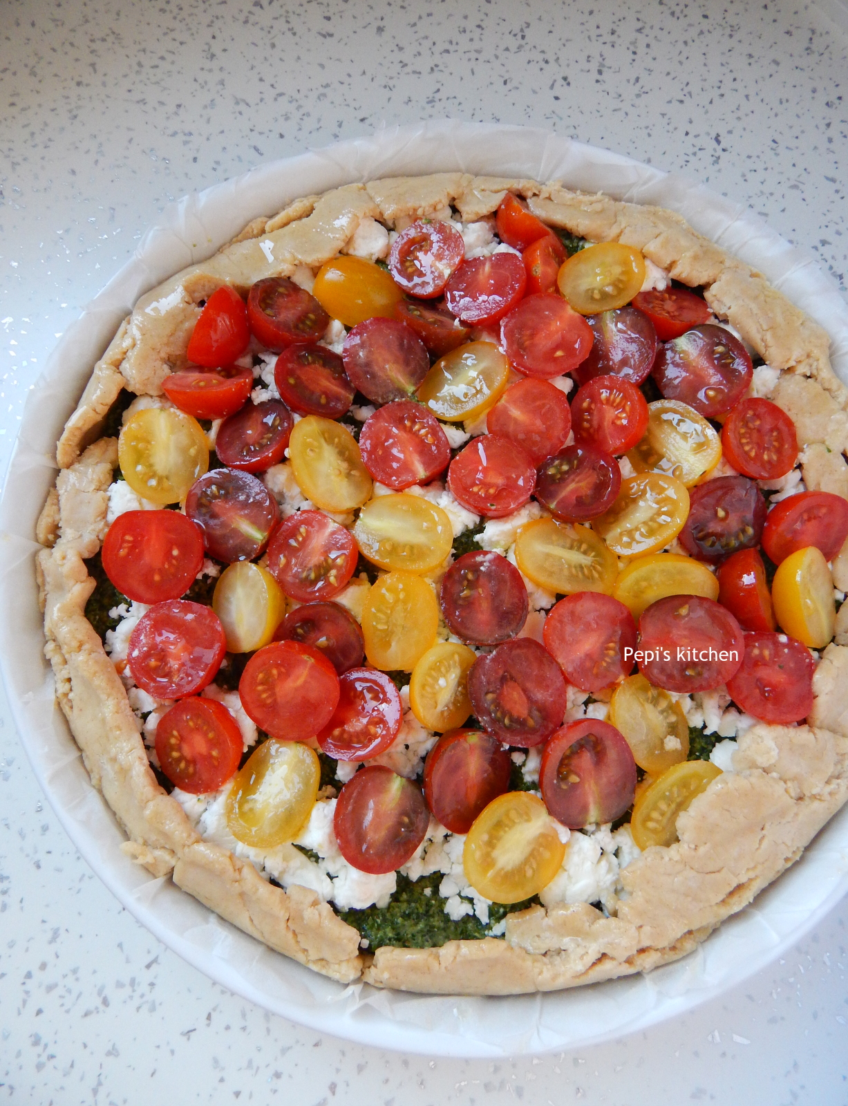 Pepi's kitchen in english Kale Pesto Tart with Feta Cheese and Cherry Tomatoes