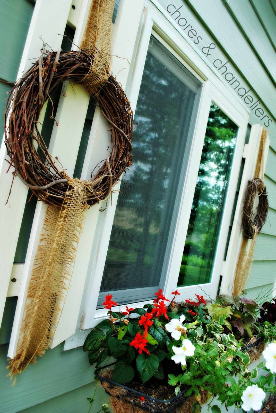chores and chandeliers hang wreaths on your shutters
