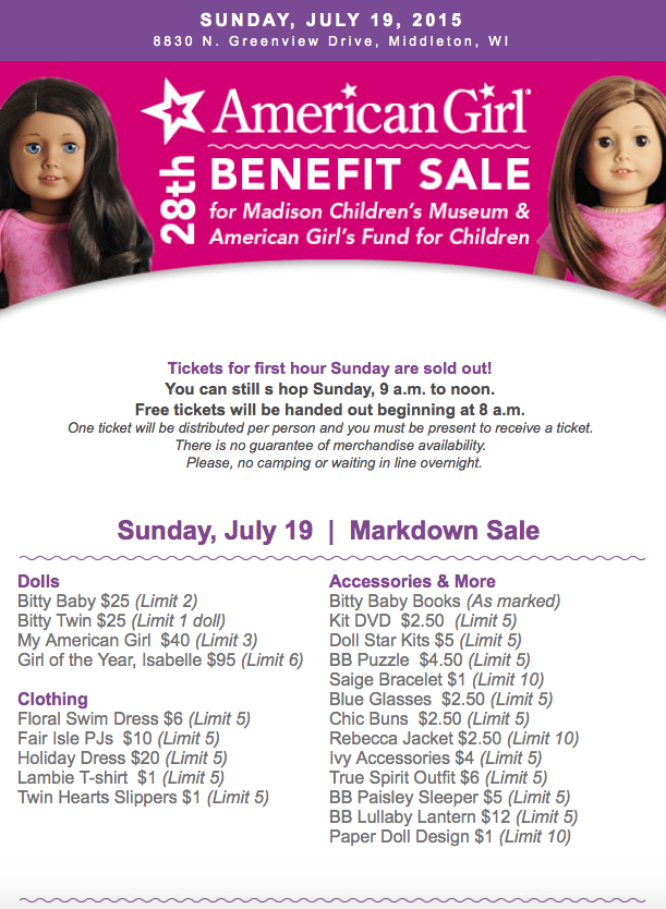 american girl benefit sale price list