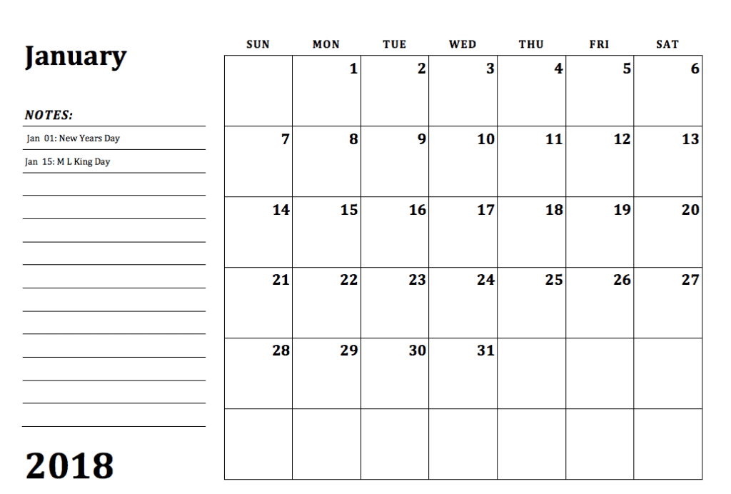 editable monthly calendar 2018