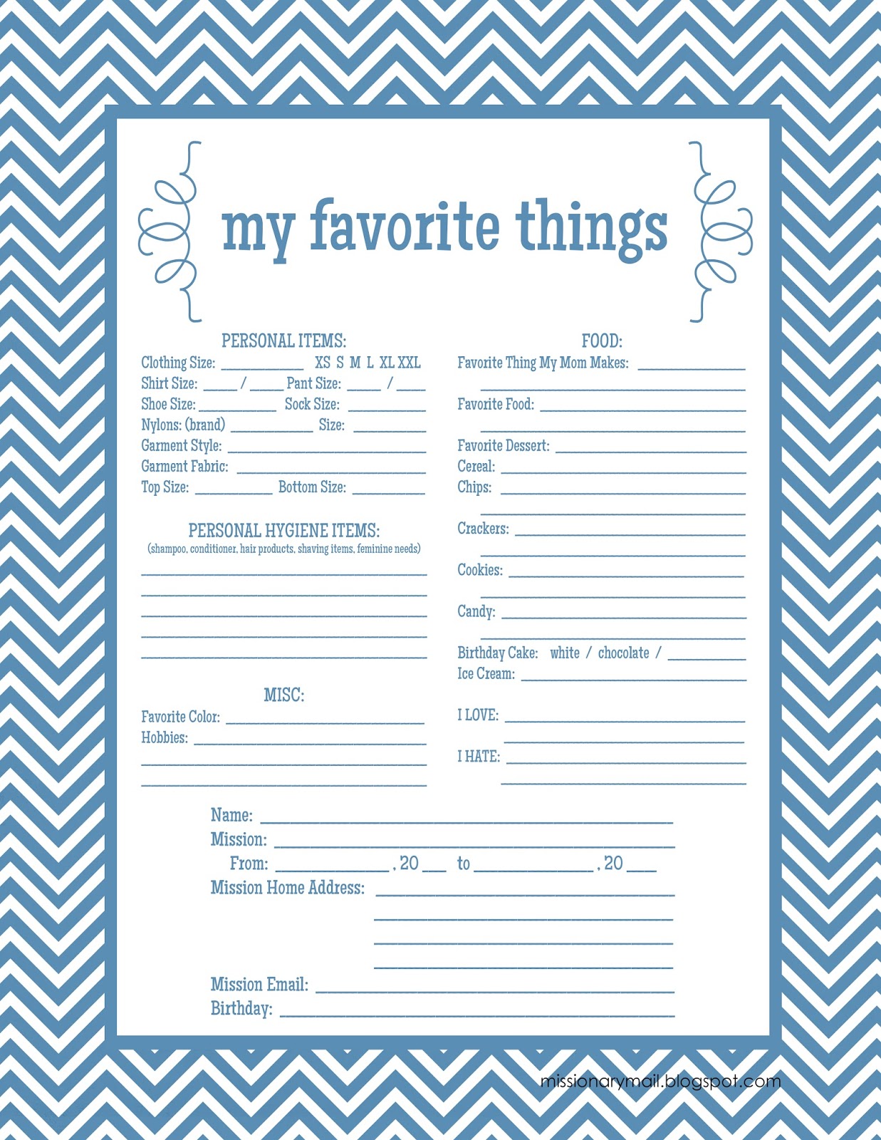 Missionary Mail "My Favorite Things" printable