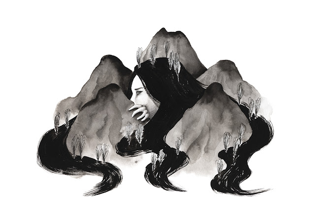 Mar Villar, inktober 2015, mujer bosque entre montañas