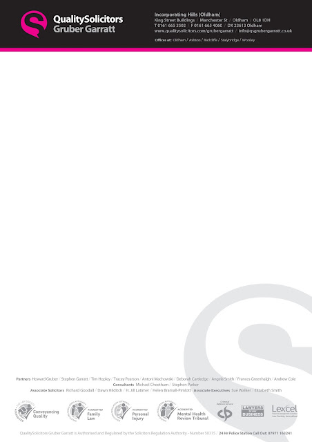 Gruber Garratt, solicitors, lawyers, quality solicitors, letterhead, logos, logo, signprint, sign, type, text, font, green logo, industrial, legal practice, oldham