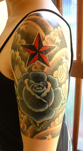 half sleeve tattoo girl. tattoo sleeve art.