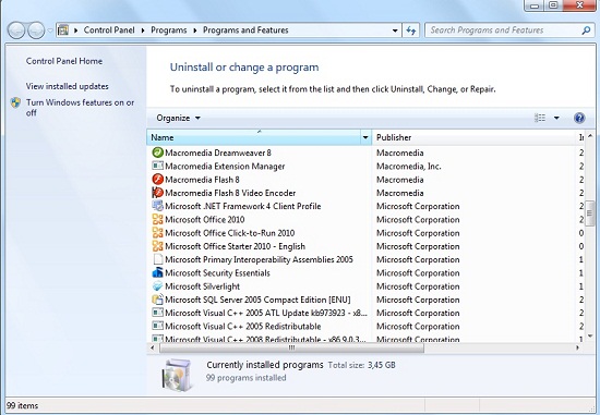 Gambar 2 - Pada panel window yang muncul, Anda akan melihat seluruh program yang terinstall pada komputer Anda. Cara Menghapus Toolbar Internet Explorer (Remove Internet Explorer Toolbars)