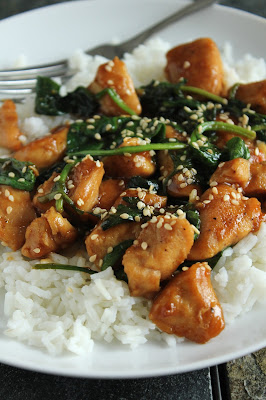 sesame chicken with spinach over rice, low-fructose, gluten-free