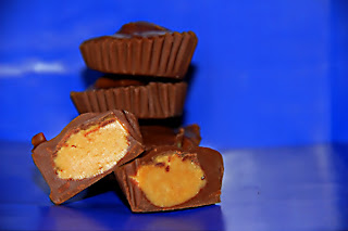 pb cups with a blue background