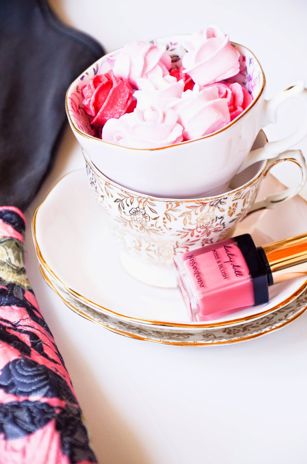 vintage pink and gold tea cups with pink sugrared roses, YSL baby doll kiss and blush