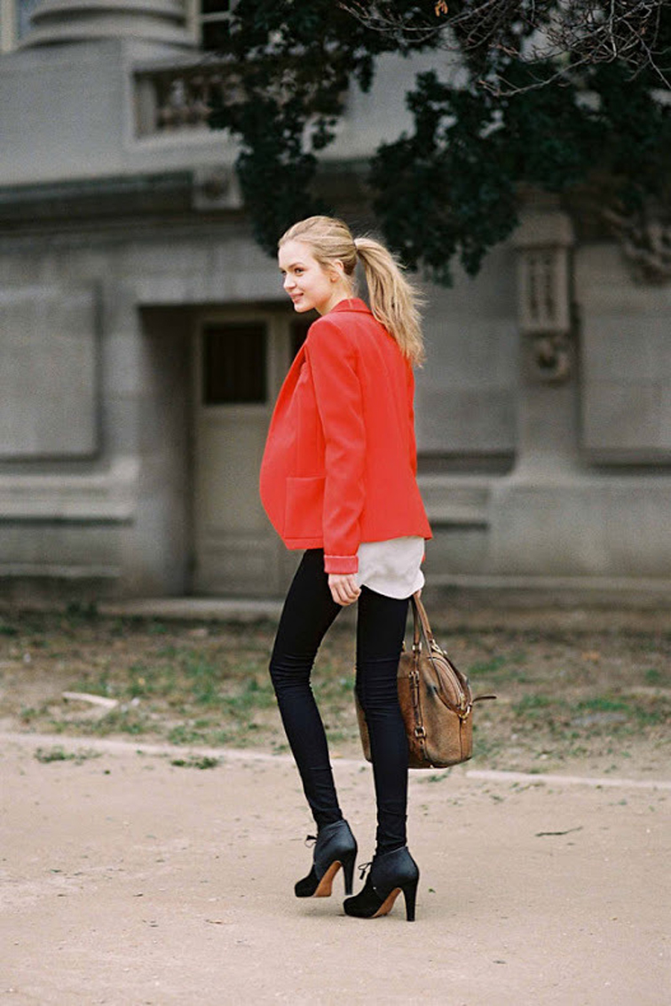 Josephine Skriver Model Off Duty Street Style Red Blazer