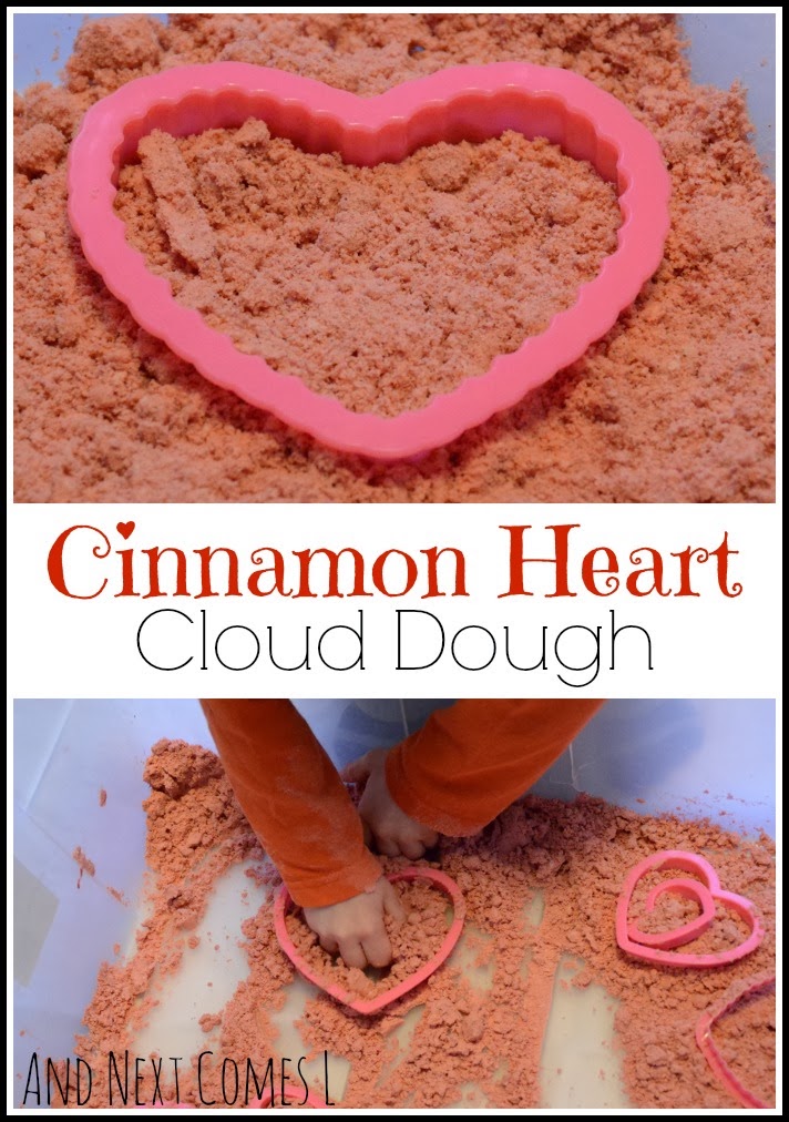 Cinnamon heart cloud dough recipe for Valentine's Day sensory fun from And Next Comes L