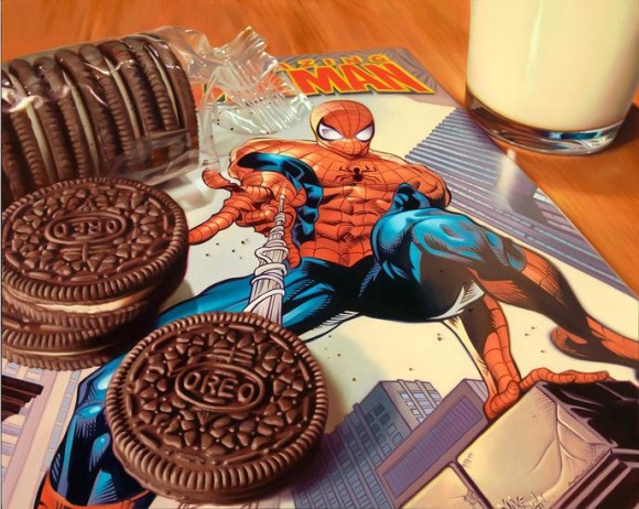 doug bloodworth pintura hiper realista revista quadrinhos super heróis comida bolacha leite café da manhã doug bloodworth pintura hiper realista revista quadrinhos super heróis comida bolacha leite café da manhã