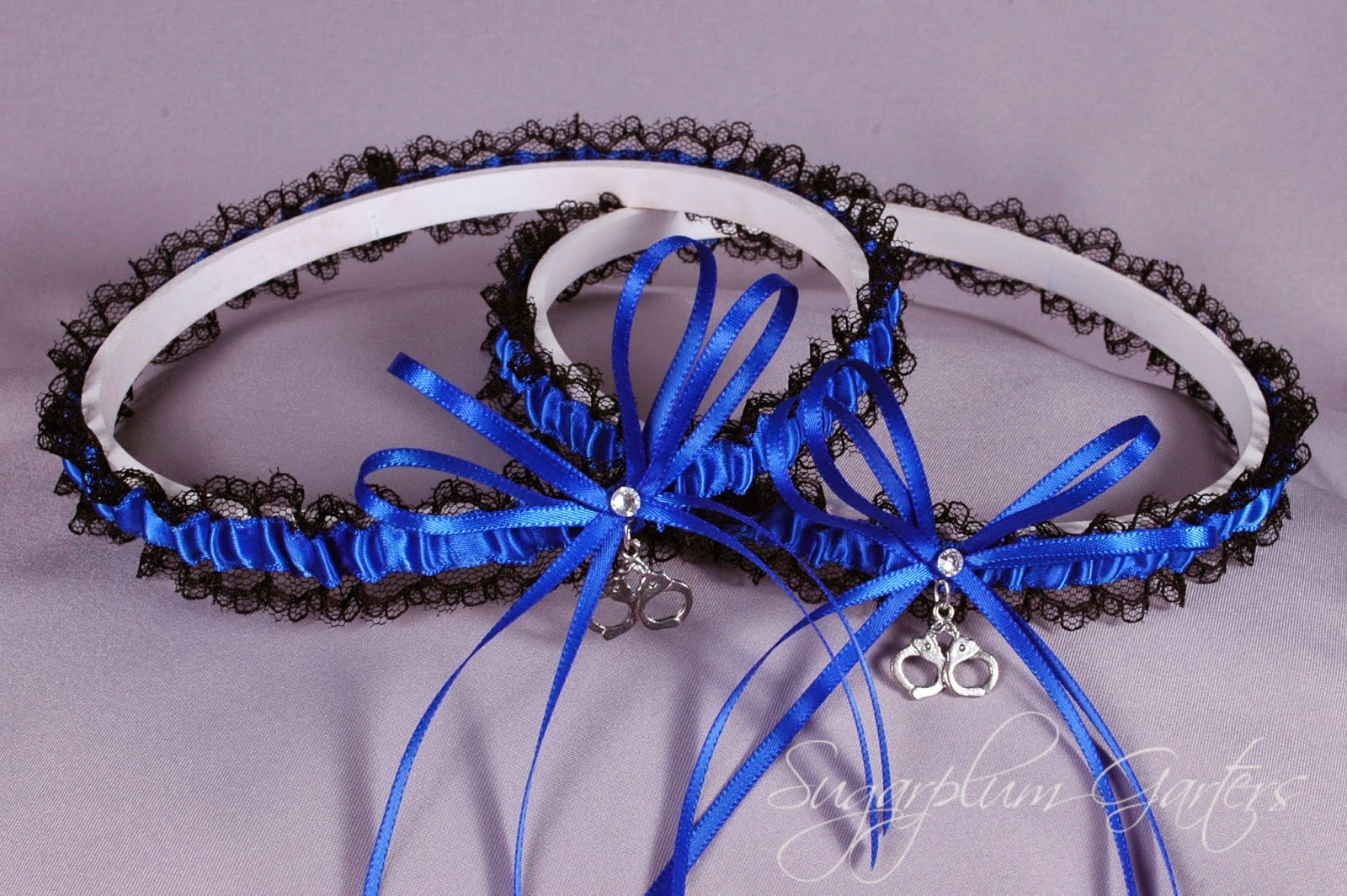 Thin Blue Line Police Officer Lace Wedding Garter Set with Handcuff Charms by Sugarplum Garters