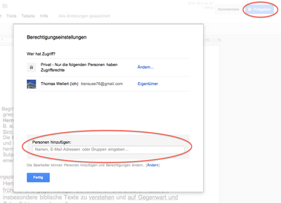 Screenshot der Berechtigungseinstellungen innerhalb von Google Docs