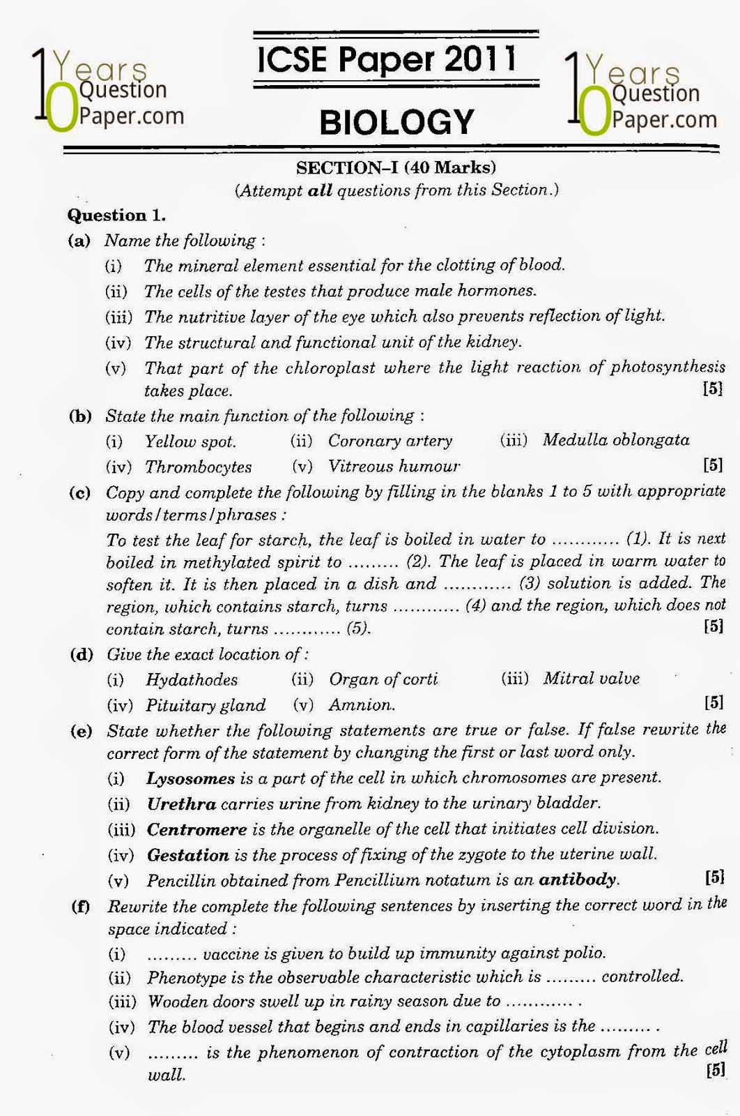 icse class 10th biology solved question paper 2011 icse class 10th Biology solved question paper 2011