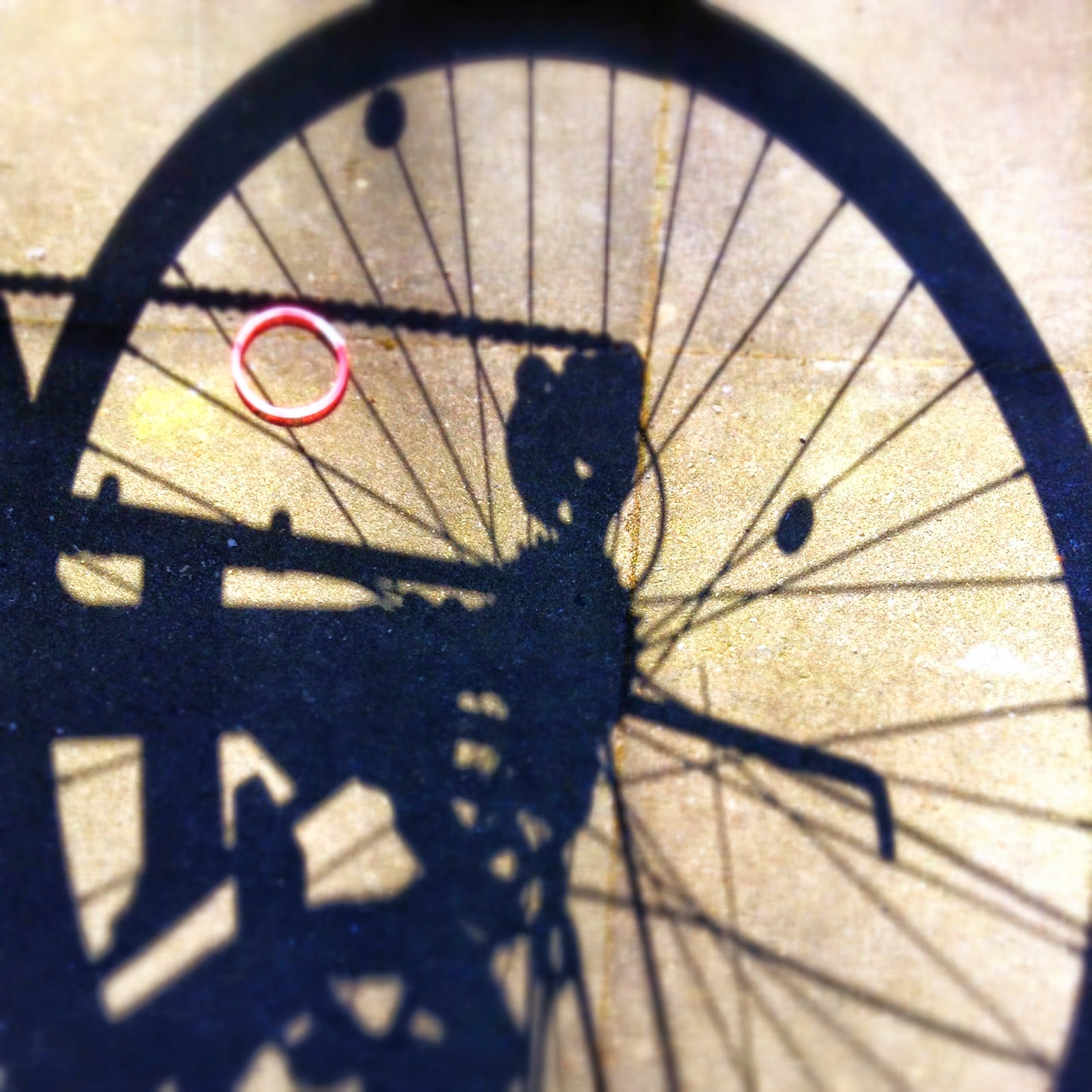 pink elastic in shadow of bike wheel