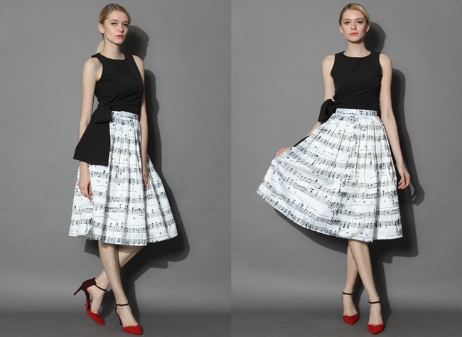  Chic Wish 2015 SS Dance With Music Notes Pleated Midi Skirt 