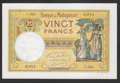 Banknotes French Colonial Africa Madagascar 20 Franc note Banque de Madagascar